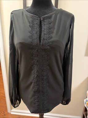 White House Black Market Black Lace-Trim Sheer Sleeve Blouse